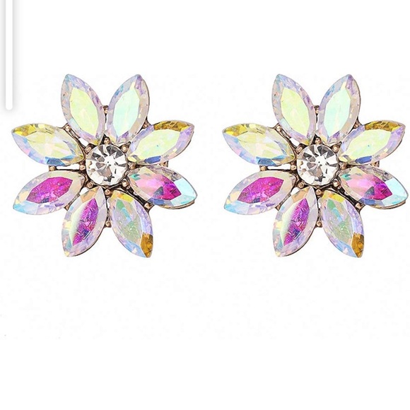 Iridescent Vintage Inspired Flower Stud Wedding Holiday Crystal Luxury Earrings - Picture 2 of 5
